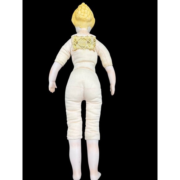 Vintage 1983 LaVerne Bisque Cloth Body Doll With Yellow Hair & Embroidered Dress - Picture 4 of 8